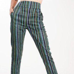 High Waisted Cropped Trousers in Cool Tone Stripes